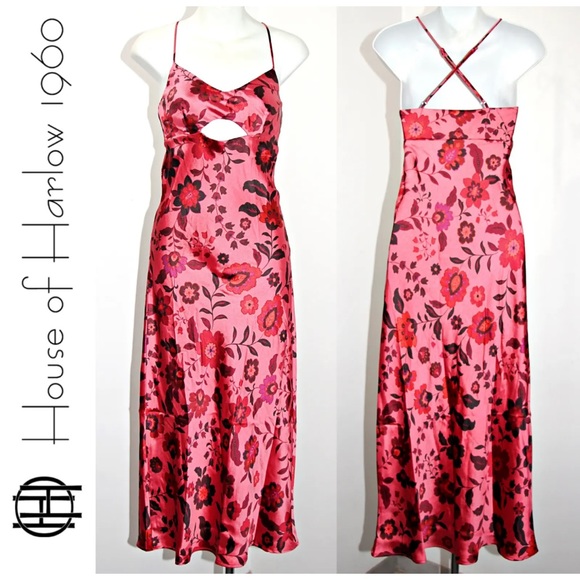 House of Harlow 1960 Dresses & Skirts - 🏷️ NWT House of Harlow 1960 Pink Satin Floral Cut Out Midi Slip Dress